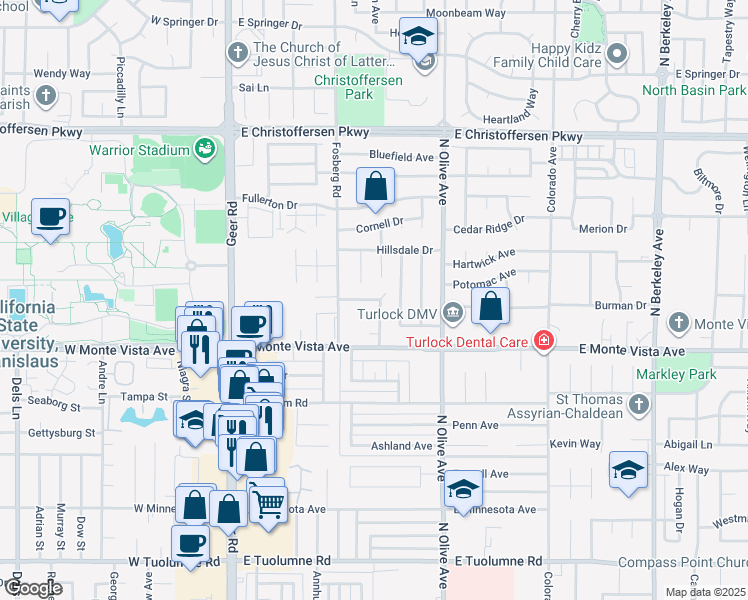 map of restaurants, bars, coffee shops, grocery stores, and more near 3402 Gerald Court in Turlock