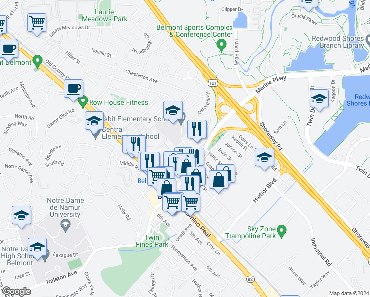 map of restaurants, bars, coffee shops, grocery stores, and more near 560 Masonic Way in Belmont