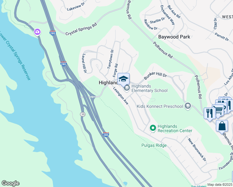 map of restaurants, bars, coffee shops, grocery stores, and more near 1635 Lexington Avenue in San Mateo