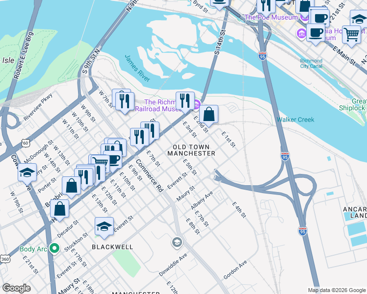 map of restaurants, bars, coffee shops, grocery stores, and more near in Richmond