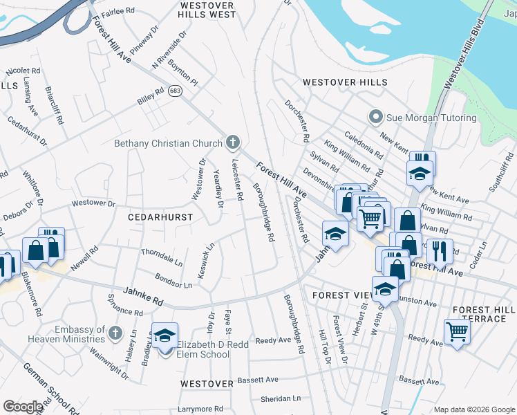 map of restaurants, bars, coffee shops, grocery stores, and more near 1424 Boroughbridge Road in Richmond
