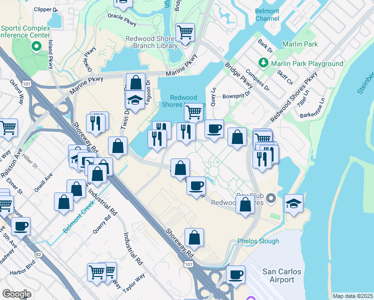map of restaurants, bars, coffee shops, grocery stores, and more near 303 Twin Dolphin Drive in Redwood City