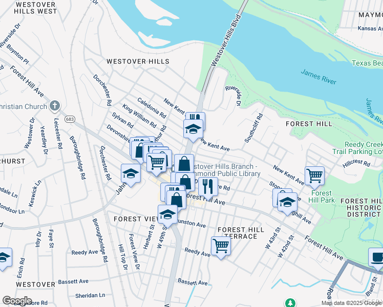 map of restaurants, bars, coffee shops, grocery stores, and more near 1609 Westover Hills Boulevard in Richmond