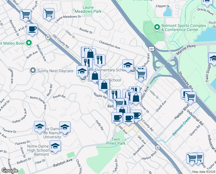 map of restaurants, bars, coffee shops, grocery stores, and more near 729 Old County Road in Belmont