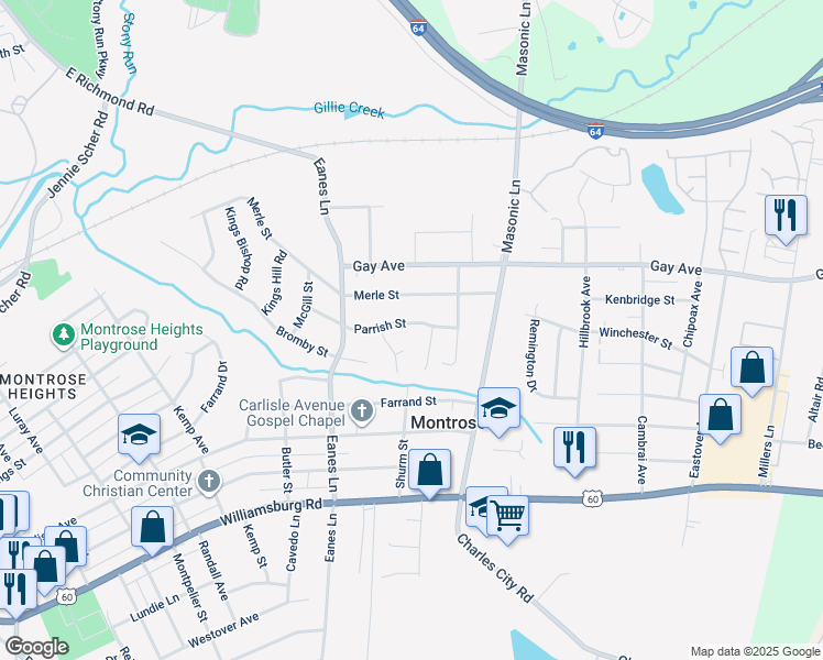 map of restaurants, bars, coffee shops, grocery stores, and more near 2533 Parrish Street in Henrico