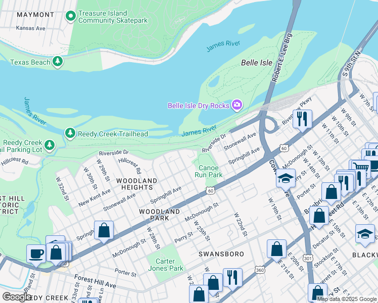 map of restaurants, bars, coffee shops, grocery stores, and more near 2304 Riverside Drive in Richmond