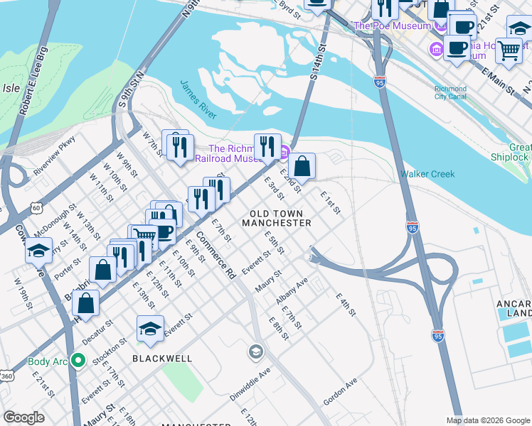 map of restaurants, bars, coffee shops, grocery stores, and more near in Richmond