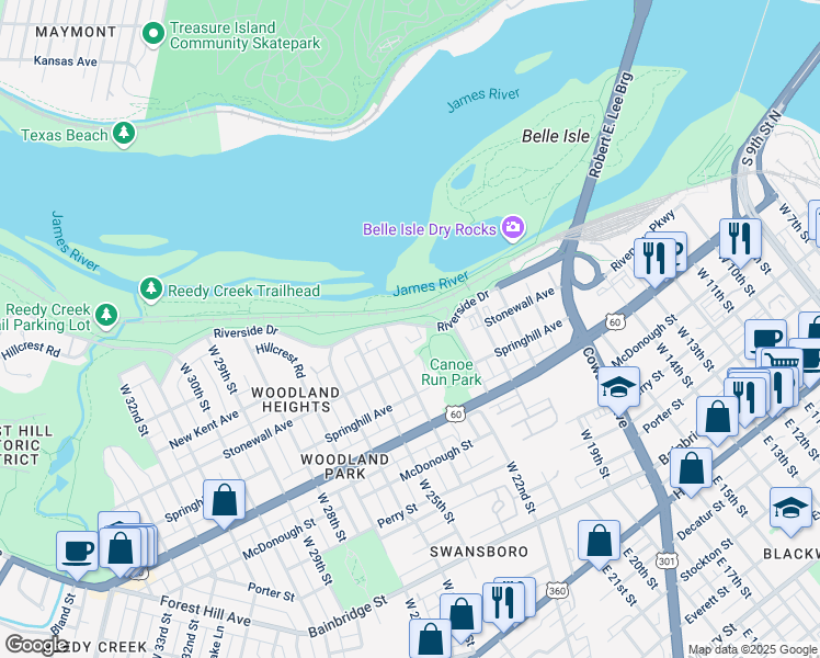 map of restaurants, bars, coffee shops, grocery stores, and more near 2304 Riverside Drive in Richmond