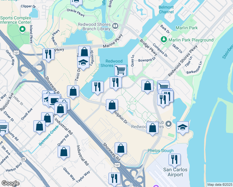 map of restaurants, bars, coffee shops, grocery stores, and more near 303 Twin Dolphin Drive in Redwood City