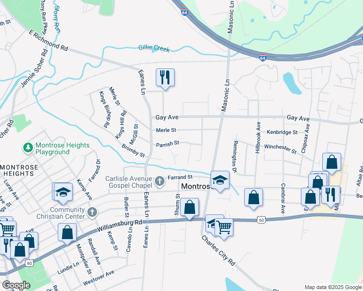 map of restaurants, bars, coffee shops, grocery stores, and more near 2533 Parrish Street in Henrico