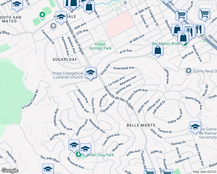 map of restaurants, bars, coffee shops, grocery stores, and more near 423 La Casa Avenue in San Mateo