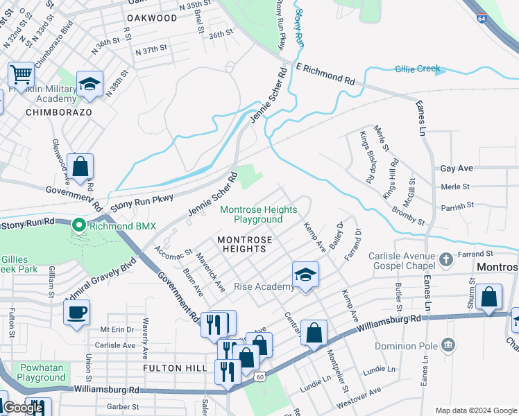 map of restaurants, bars, coffee shops, grocery stores, and more near 2201 Accomac Street in Henrico