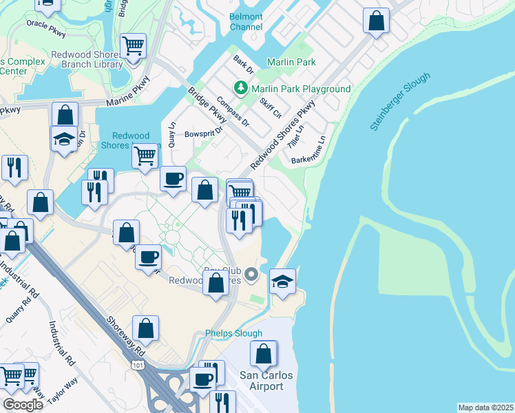 map of restaurants, bars, coffee shops, grocery stores, and more near 2604 Hastings Shore Lane in Redwood City
