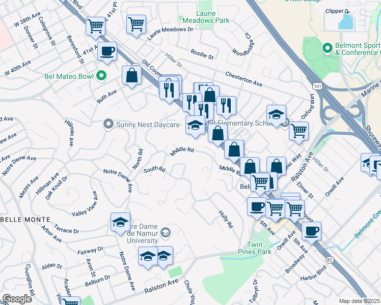 map of restaurants, bars, coffee shops, grocery stores, and more near 524 Middle Road in Belmont