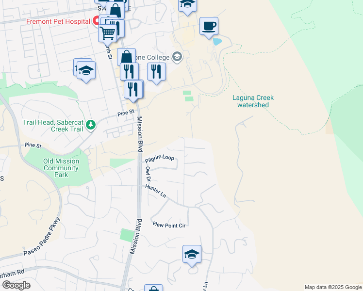 map of restaurants, bars, coffee shops, grocery stores, and more near 44081 Linda Vista Road in Fremont