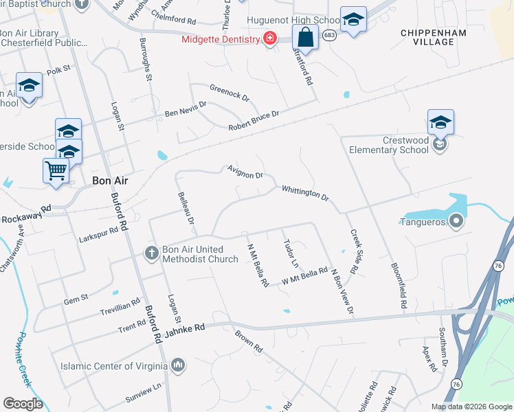 map of restaurants, bars, coffee shops, grocery stores, and more near 8137 Whittington Drive in Richmond