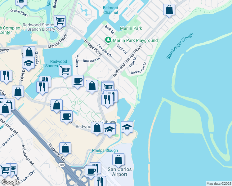 map of restaurants, bars, coffee shops, grocery stores, and more near 2402 Hastings Shore Lane in Redwood City