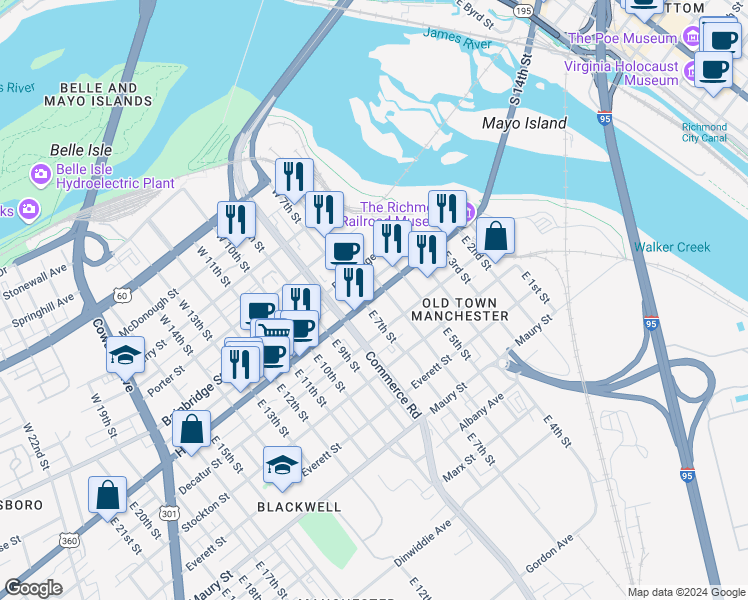 map of restaurants, bars, coffee shops, grocery stores, and more near 512 Hull Street in Richmond
