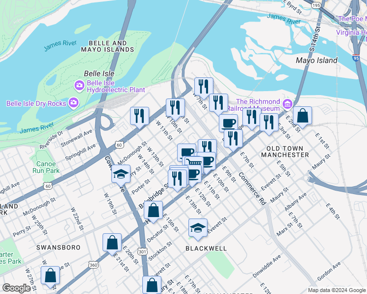 map of restaurants, bars, coffee shops, grocery stores, and more near 210 West 10th Street in Richmond