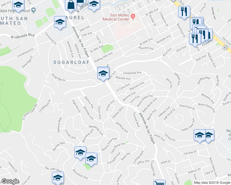 map of restaurants, bars, coffee shops, grocery stores, and more near 423 La Casa Avenue in San Mateo