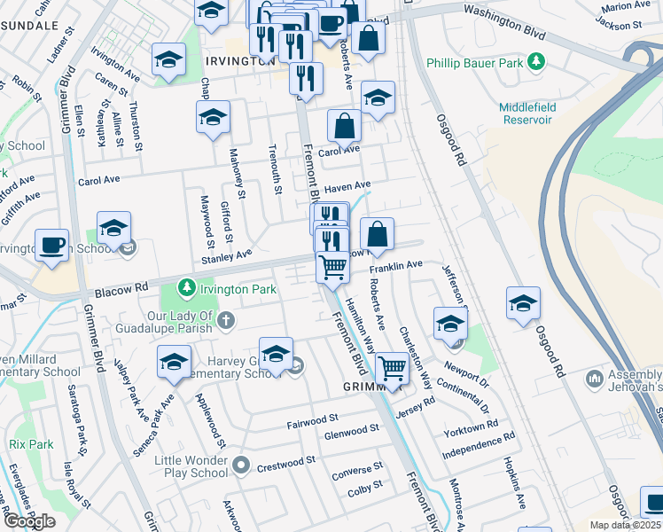 map of restaurants, bars, coffee shops, grocery stores, and more near 42000 Fremont Boulevard in Fremont