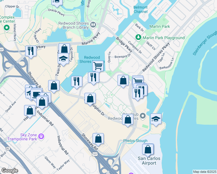 map of restaurants, bars, coffee shops, grocery stores, and more near 250 Shoreline Drive in Redwood City