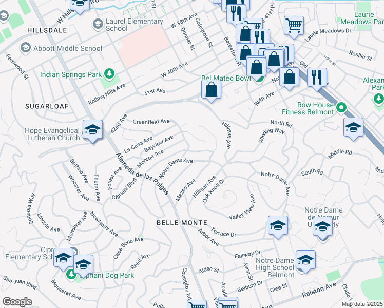 map of restaurants, bars, coffee shops, grocery stores, and more near 1919 Lyon Avenue in Belmont