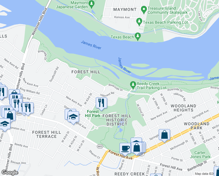 map of restaurants, bars, coffee shops, grocery stores, and more near 1904 Hillcrest Circle in Richmond