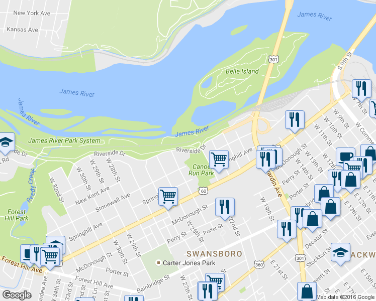 map of restaurants, bars, coffee shops, grocery stores, and more near 2291 Riverside Dr in Richmond
