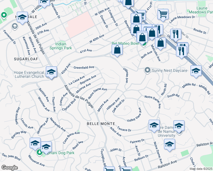 map of restaurants, bars, coffee shops, grocery stores, and more near 1919 Lyon Avenue in Belmont