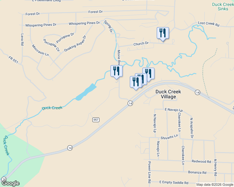 map of restaurants, bars, coffee shops, grocery stores, and more near 76 Movie Ranch Road in Duck Creek Village