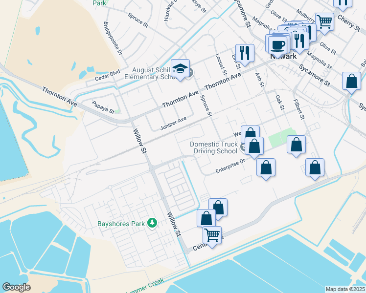 map of restaurants, bars, coffee shops, grocery stores, and more near 37266 Aleppo Drive in Newark
