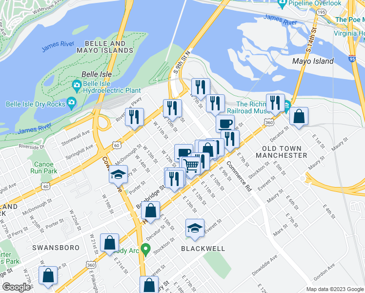 map of restaurants, bars, coffee shops, grocery stores, and more near 1005 Porter Street in Richmond