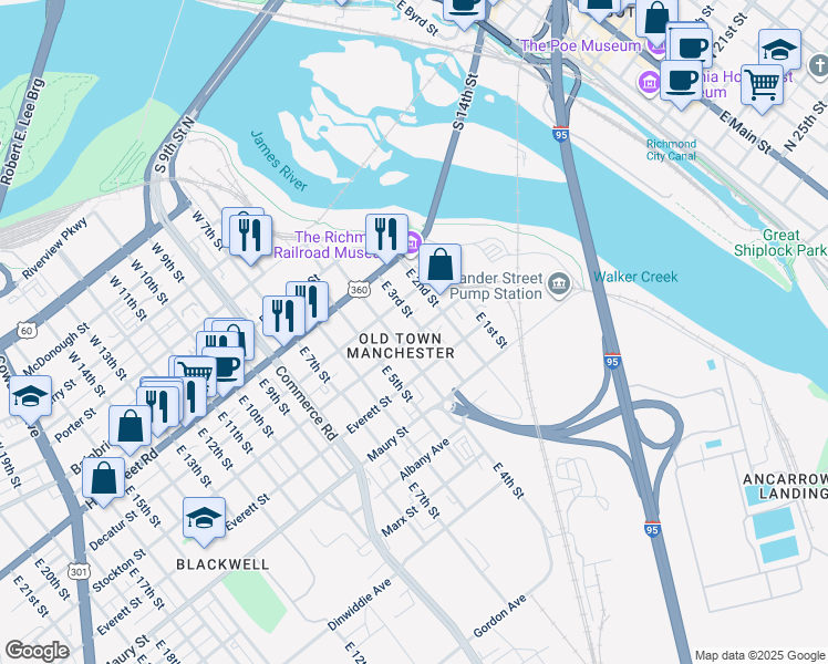 map of restaurants, bars, coffee shops, grocery stores, and more near in Richmond
