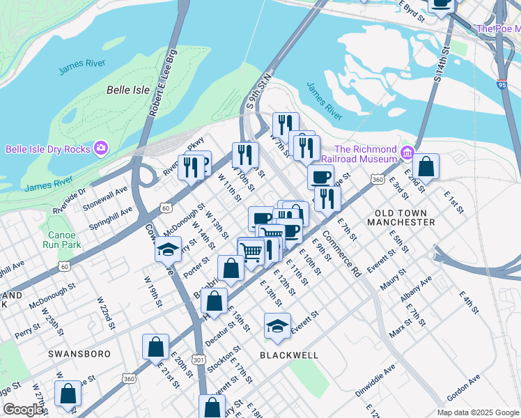 map of restaurants, bars, coffee shops, grocery stores, and more near 210 West 10th Street in Richmond