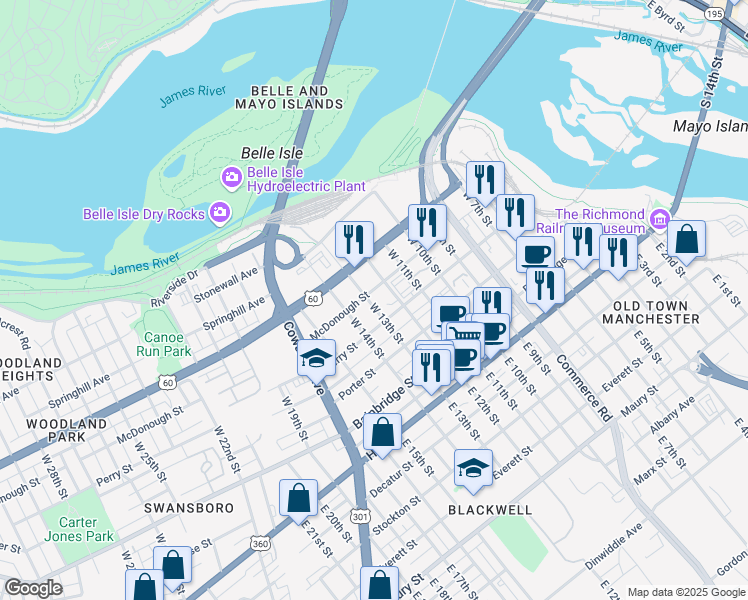 map of restaurants, bars, coffee shops, grocery stores, and more near 1208 McDonough Street in Richmond