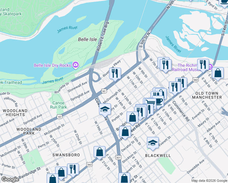 map of restaurants, bars, coffee shops, grocery stores, and more near 408 West 13th Street in Richmond