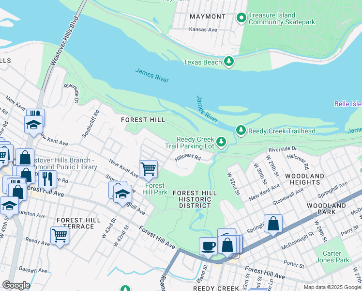 map of restaurants, bars, coffee shops, grocery stores, and more near 1908 Hillcrest Circle in Richmond