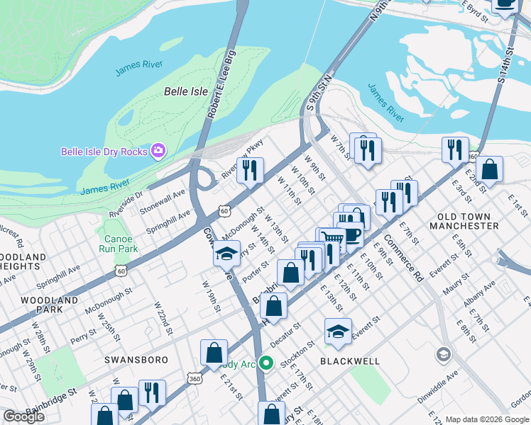 map of restaurants, bars, coffee shops, grocery stores, and more near 1208 McDonough Street in Richmond