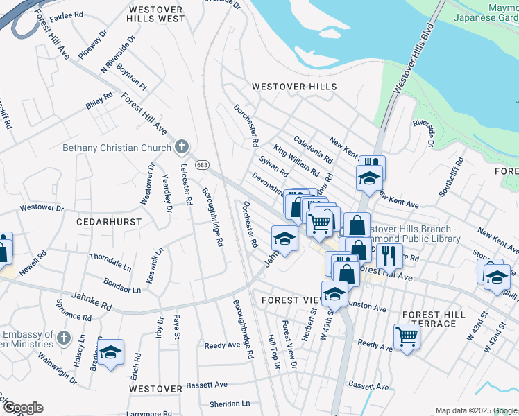 map of restaurants, bars, coffee shops, grocery stores, and more near 5122 Forest Hill Avenue in Richmond