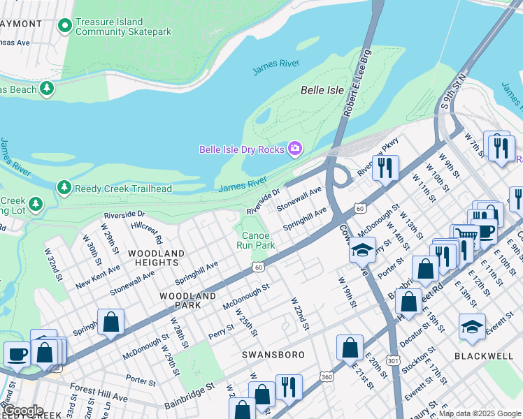 map of restaurants, bars, coffee shops, grocery stores, and more near 2112 Riverside Drive in Richmond