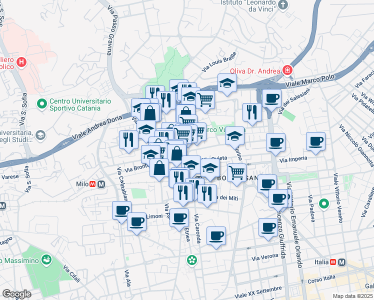 map of restaurants, bars, coffee shops, grocery stores, and more near 410 Via Caronda in Catania