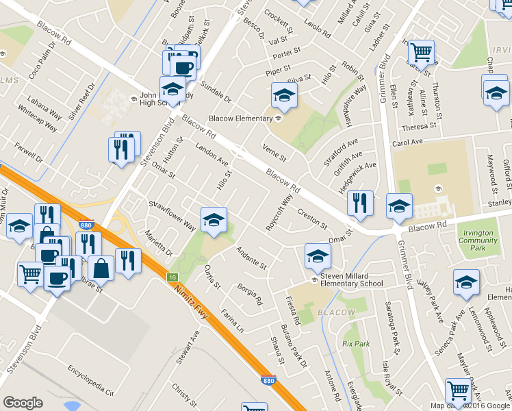 map of restaurants, bars, coffee shops, grocery stores, and more near 5057 Curtis Street in Fremont