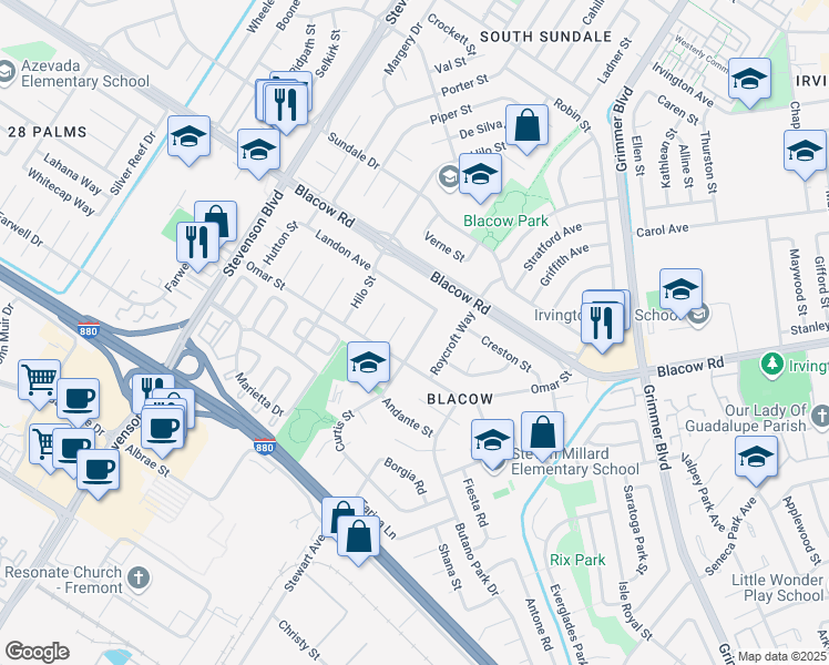 map of restaurants, bars, coffee shops, grocery stores, and more near 5057 Curtis Street in Fremont