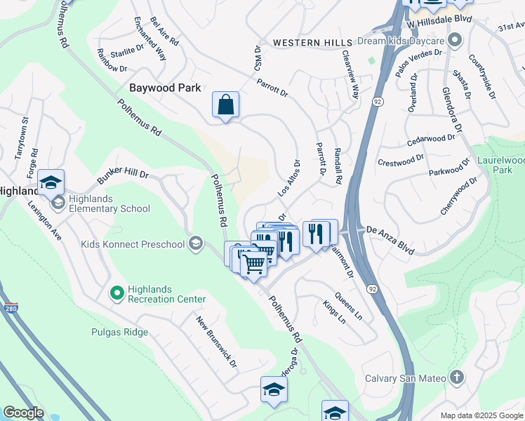 map of restaurants, bars, coffee shops, grocery stores, and more near in San Mateo