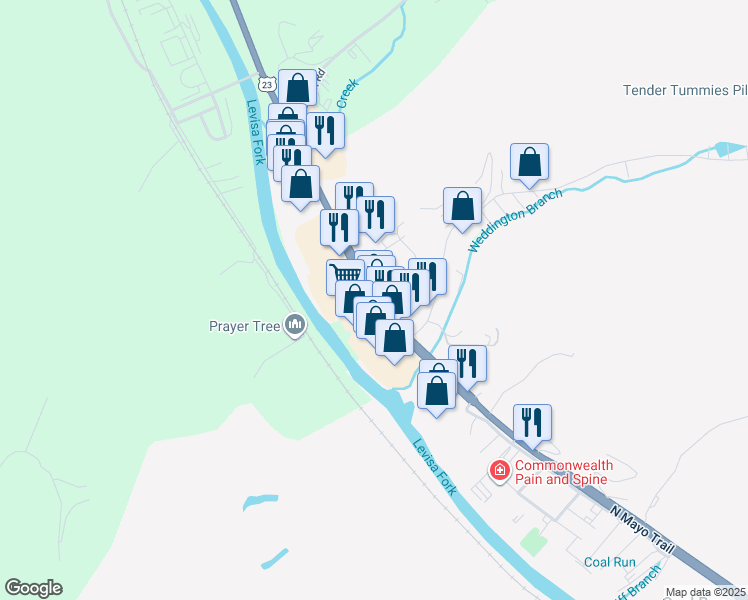 map of restaurants, bars, coffee shops, grocery stores, and more near 4257 North Mayo Trail in Pikeville