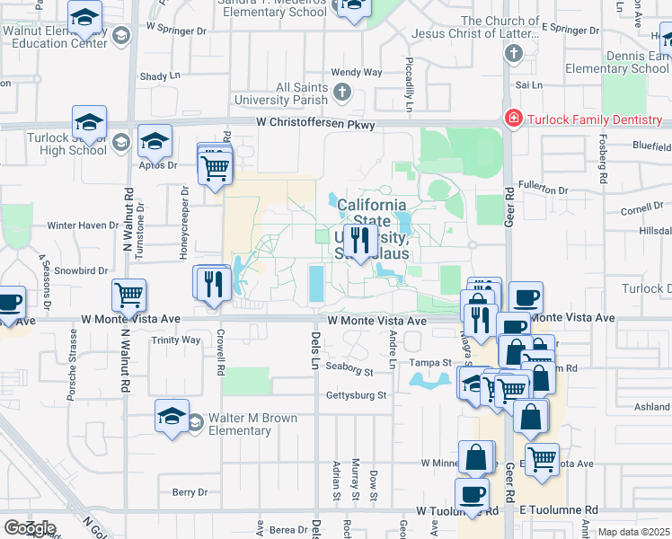map of restaurants, bars, coffee shops, grocery stores, and more near 1 University Circle in Turlock