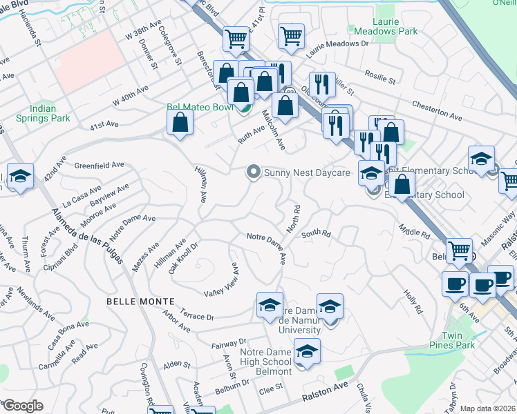map of restaurants, bars, coffee shops, grocery stores, and more near 1513 Winding Way in Belmont