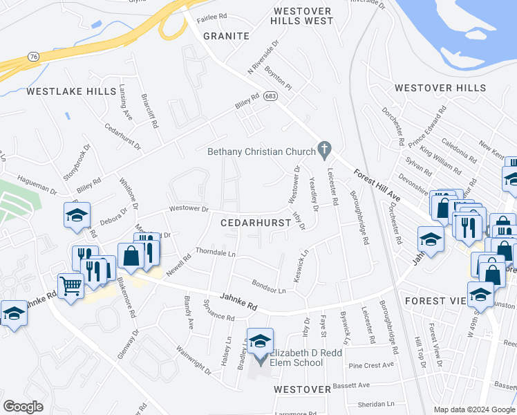 map of restaurants, bars, coffee shops, grocery stores, and more near 5724 Westower Drive in Richmond