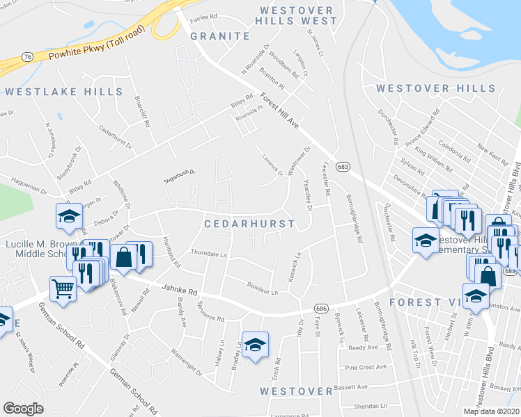 map of restaurants, bars, coffee shops, grocery stores, and more near 5716 Westower Drive in Richmond